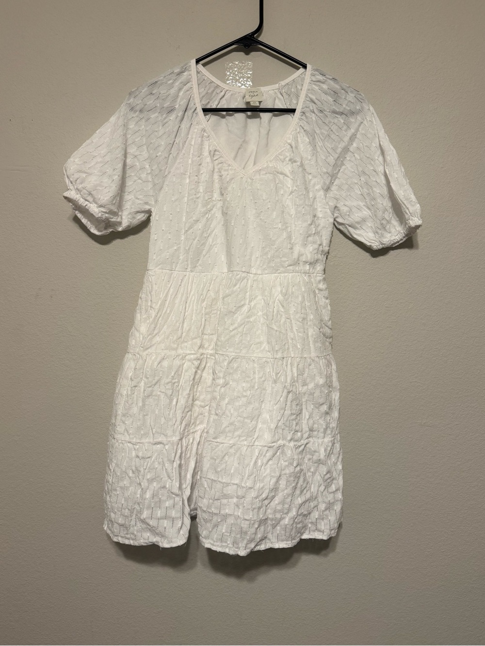 White Textured V-Neck Mini Dress with Puff Sleeves